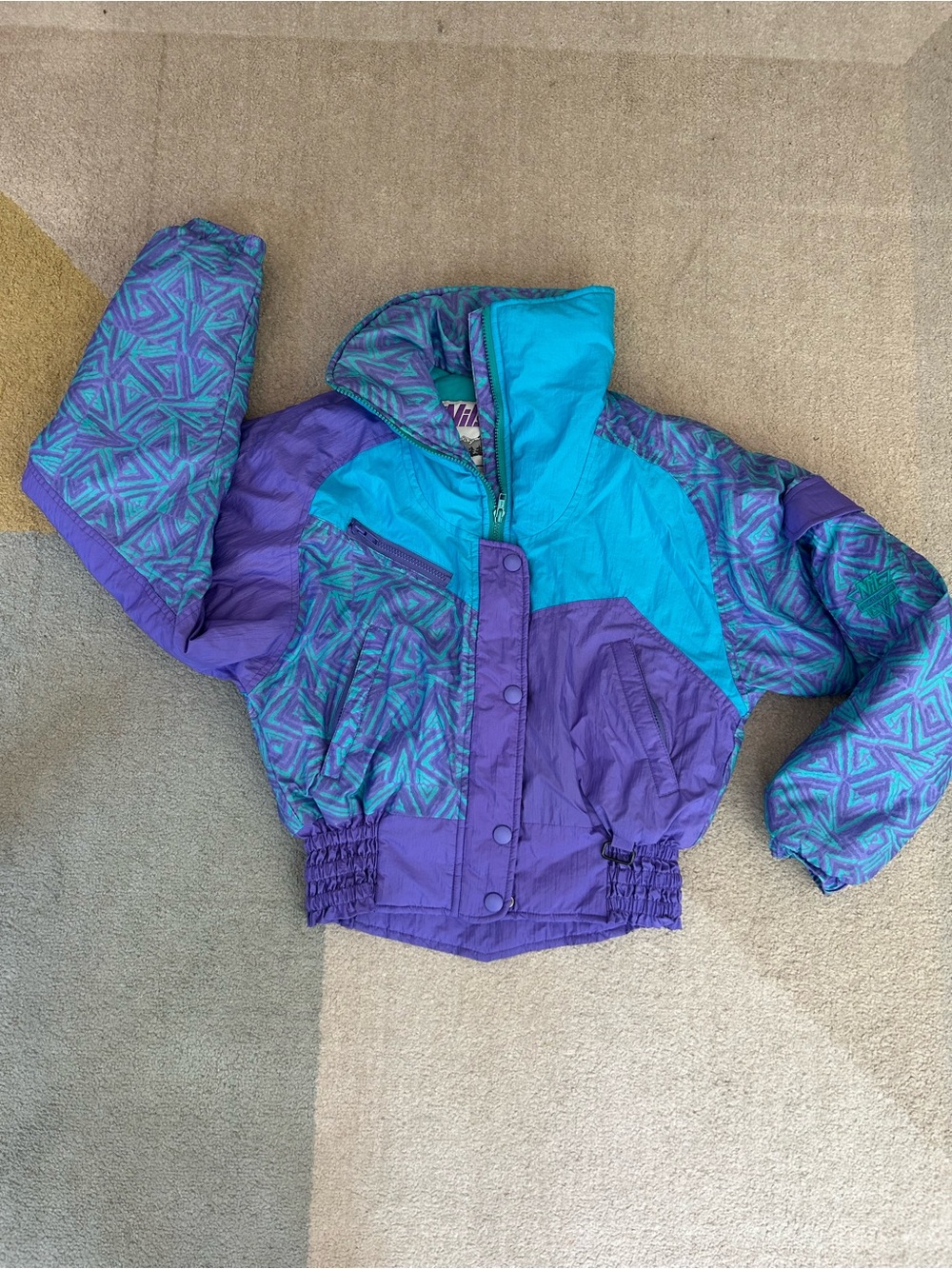 NILS Ladies Purple & Teal Geometric Colorblock Puffer Jacket